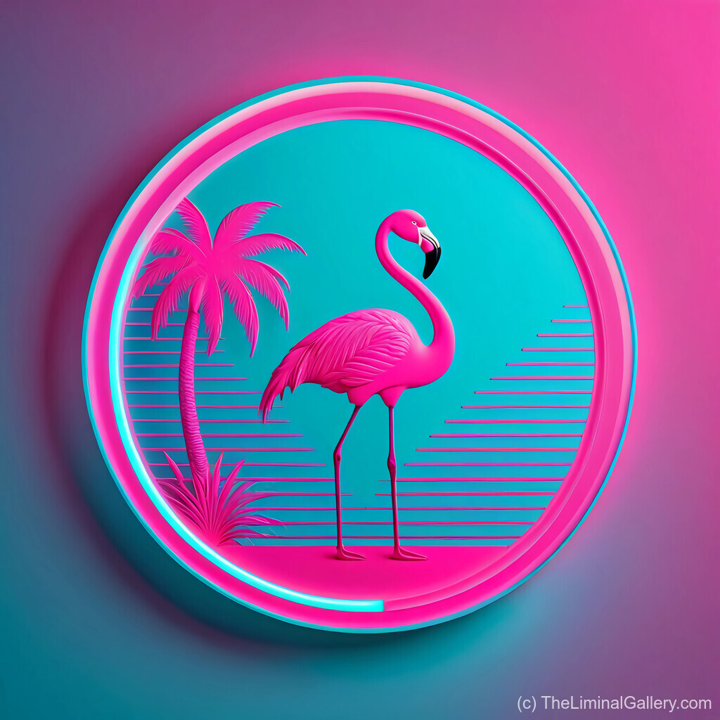 A vibrant neon flamingo set in a tropical, synthwave-inspired scene with glowing palm trees and bold 80s-style colors.